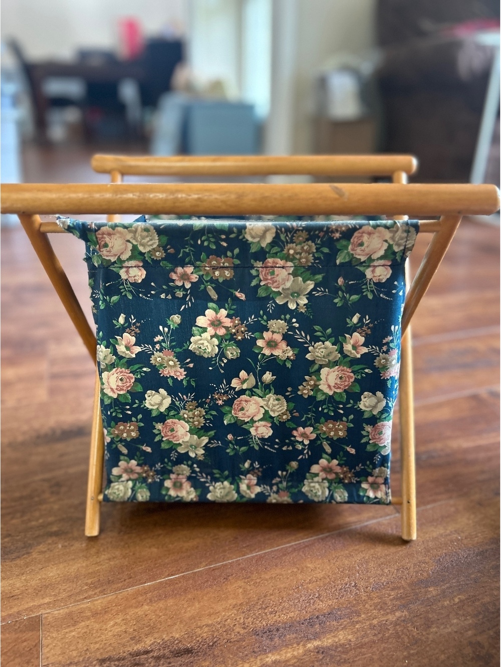 Vintage Floral Fabric and Wood Folding Storage Basket